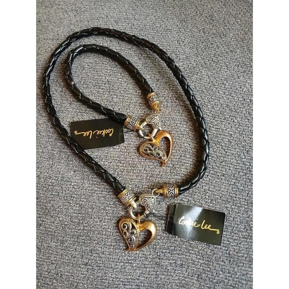 Vintage Cookie Lee Jewelry Set Black Gold Silver‎ Braided Leather Filigree Heart